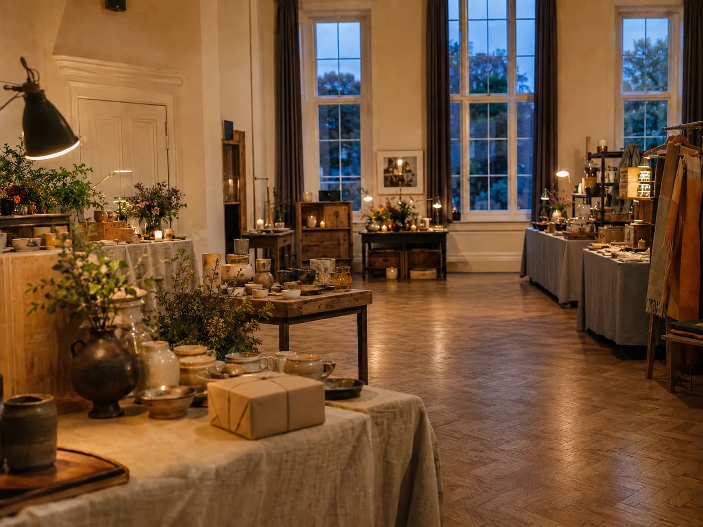 The same hall after dark, the tall windows blue and the room lit low from the tables.