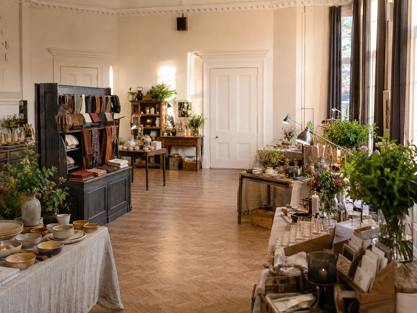 A high-ceilinged hall in daylight, laid out with trestle tables of ceramics, folded textiles on a rail, cut flowers and glassware.